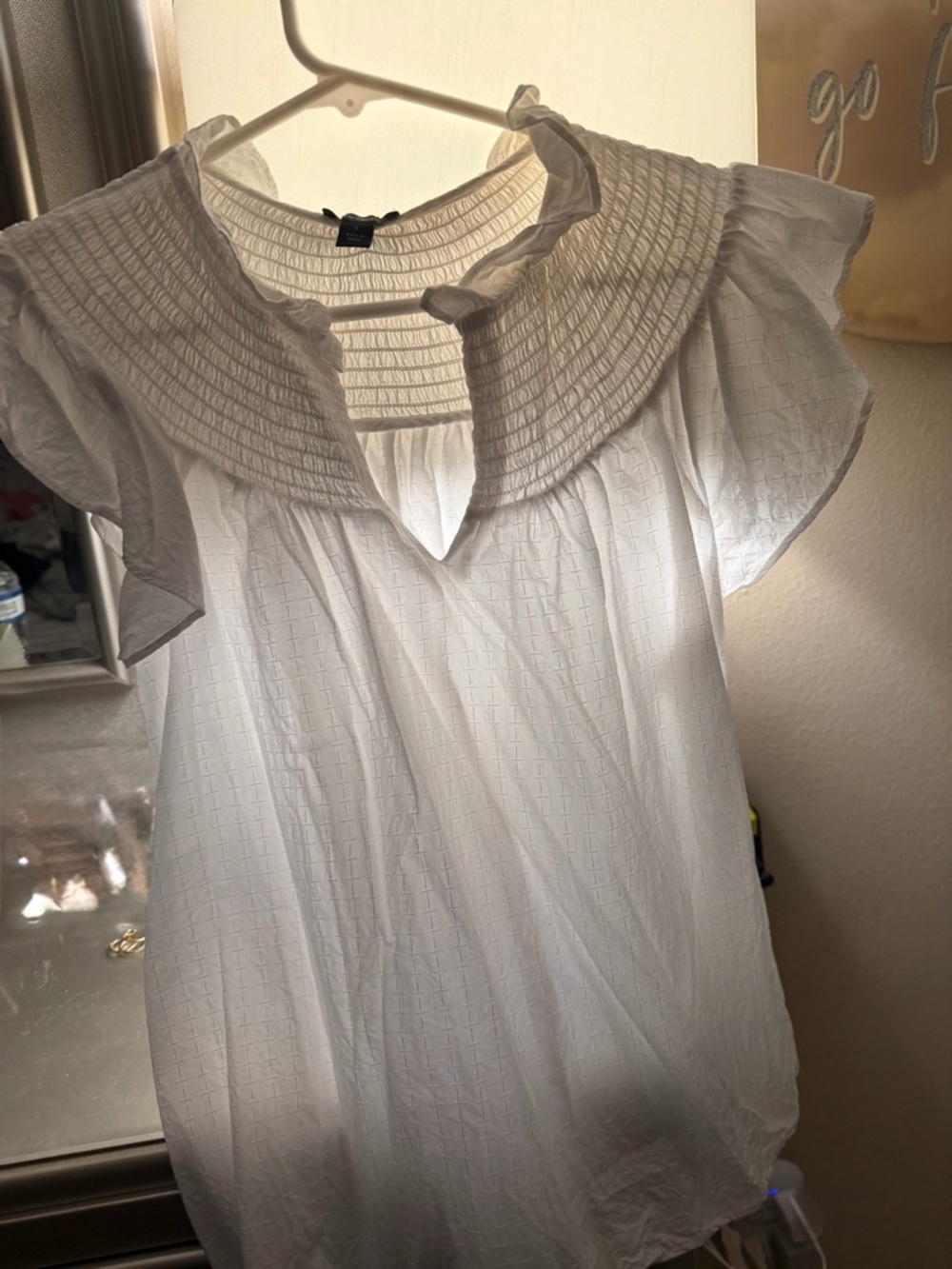 Ann Taylor White Smocked Collar Flutter-Sleeve Blouse